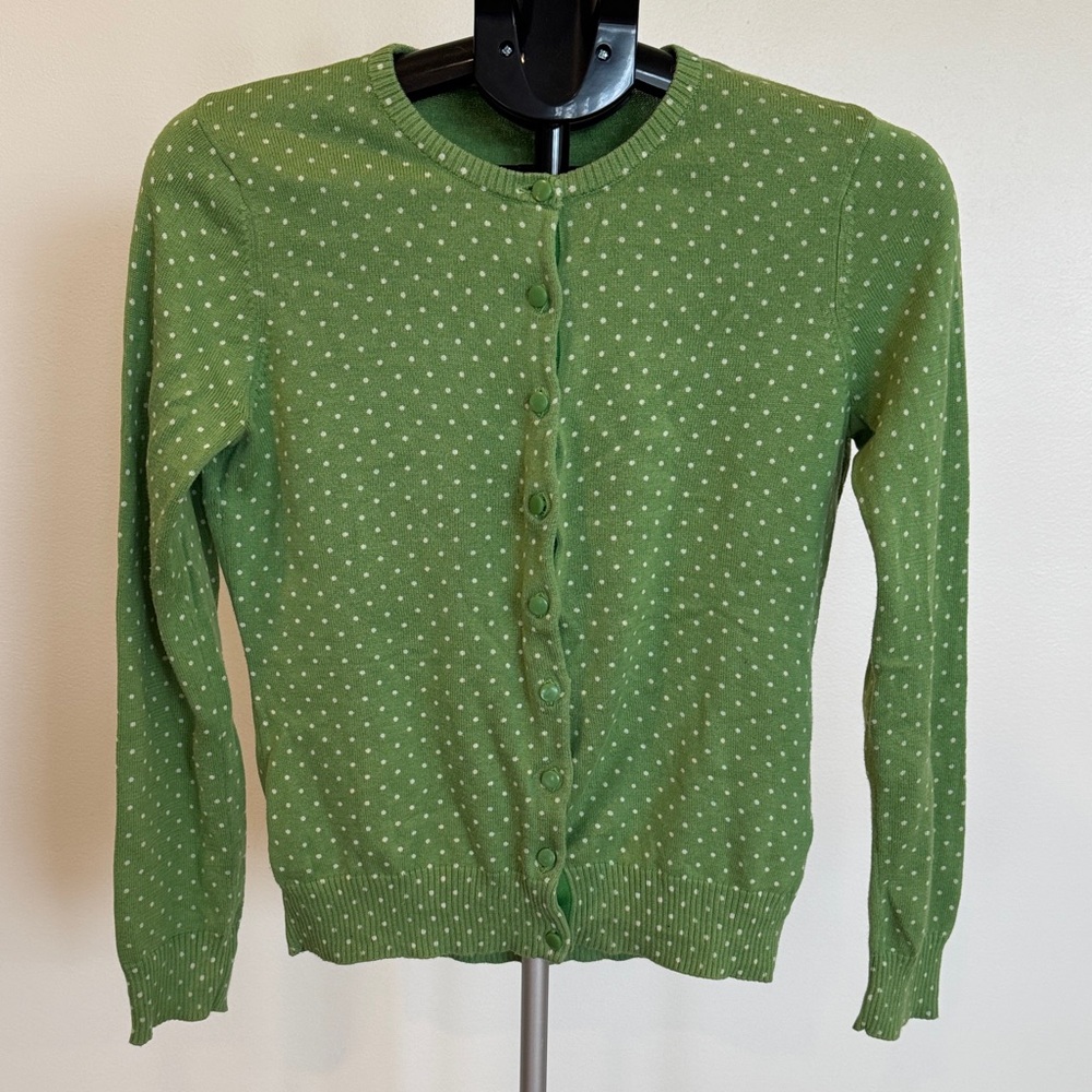 L.L. Bean 100% Cotton Green Polka Dot Crewneck Button-Up Sweater S